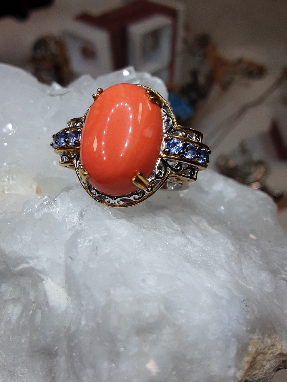 925 Genuine Tanzanite and Coral Ring.